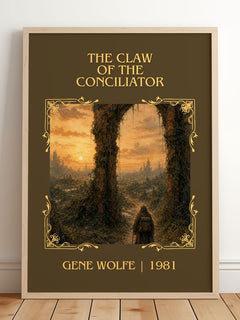 The Claw of the Conciliator Classic Book Art Print by Gene Wolfe – framed print leaning on a wooden floor