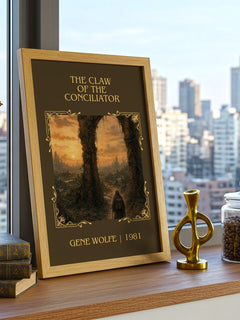 The Claw of the Conciliator Classic Book Art Print by Gene Wolfe – framed print on a city-view windowsill