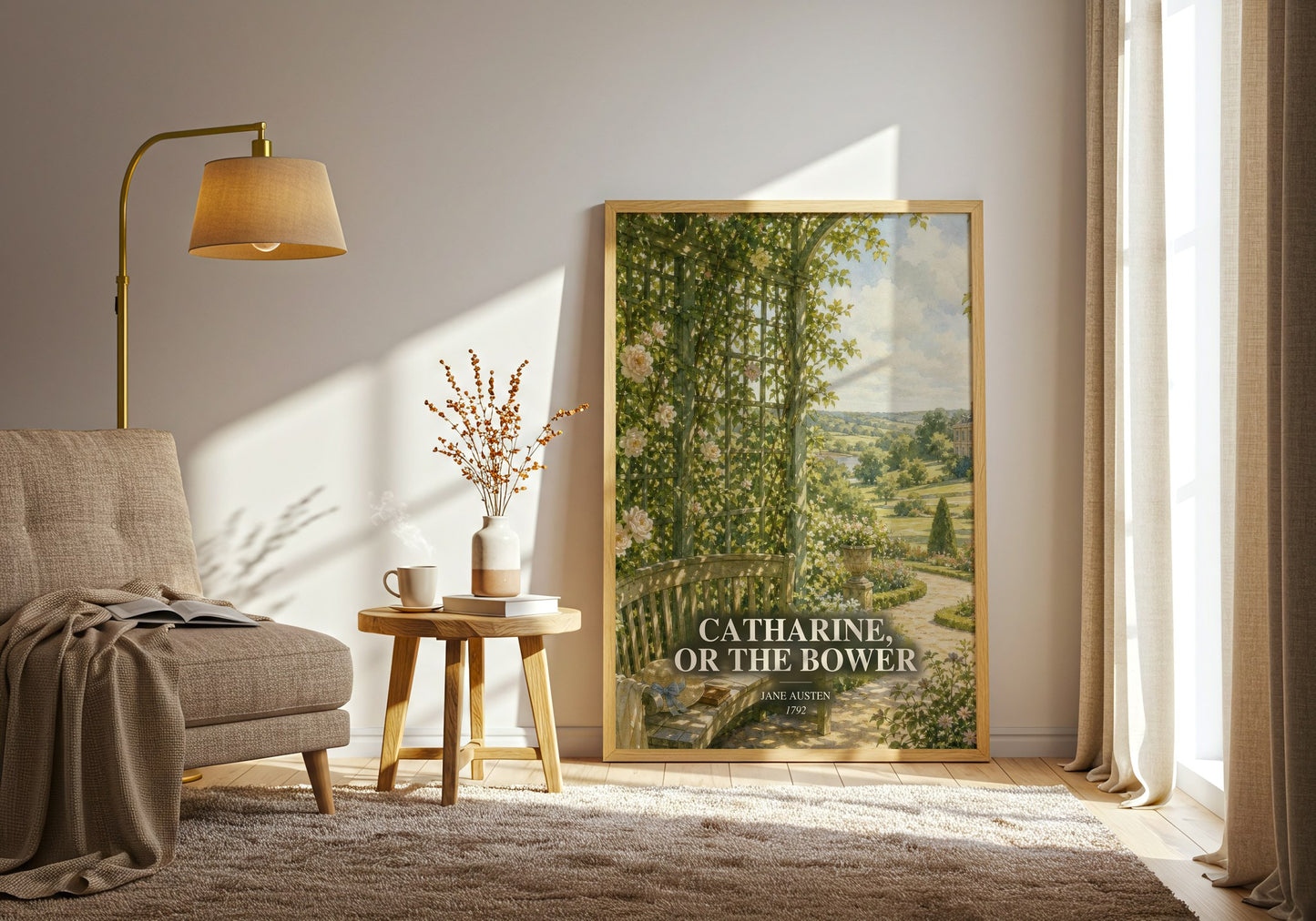 Catharine, Or The Bower watercolour print in frame leaning in hallway – classic literature wall art