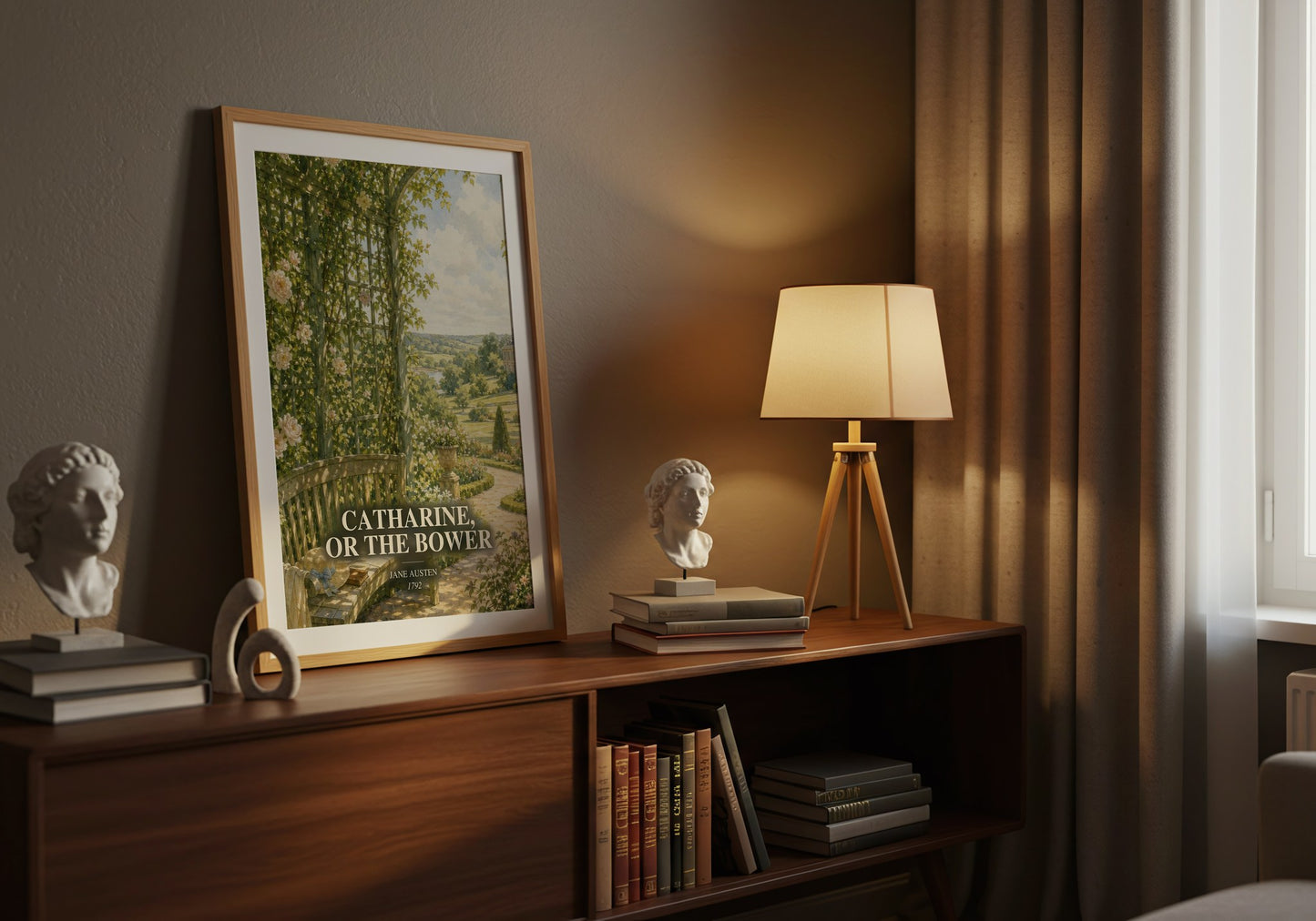 Catharine, Or The Bower watercolour print on bookshelf – Jane Austen fan gift