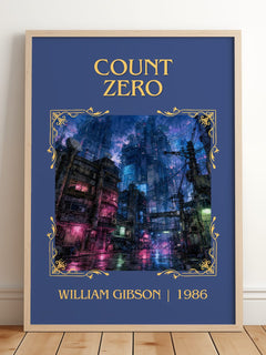 Count Zero Classic Book Art Print by William Gibson – framed print leaning on a wooden floor