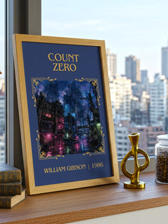 Count Zero Classic Book Art Print by William Gibson – framed print on a city-view windowsill