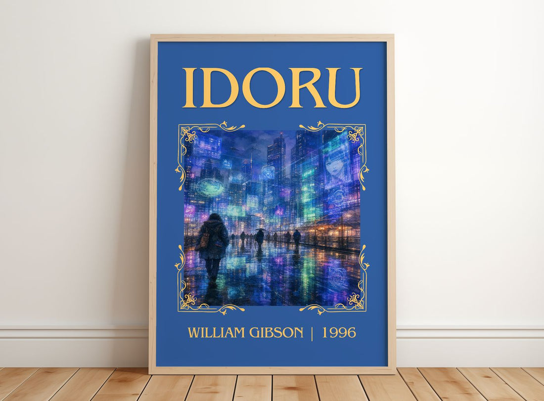 Idoru Classic Book Art Print by William Gibson – framed print leaning on a wooden floor