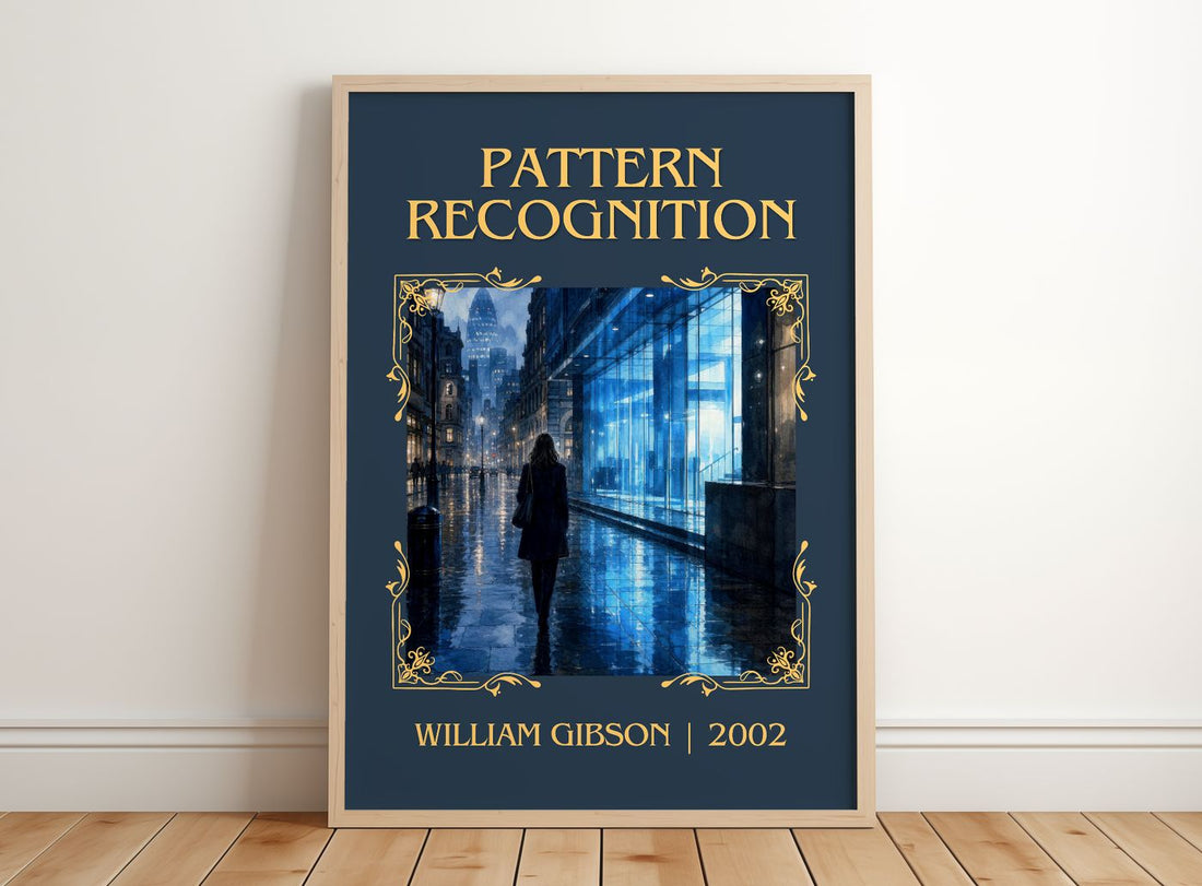 Pattern Recognition Classic Book Art Print by William Gibson – framed print leaning on a wooden floor