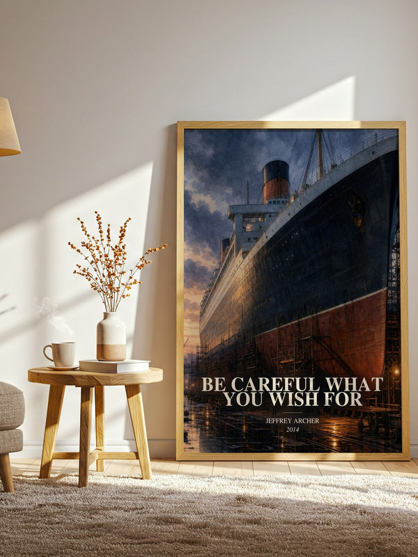 Be Careful What You Wish For watercolour print in frame leaning in hallway – historical fiction wall art