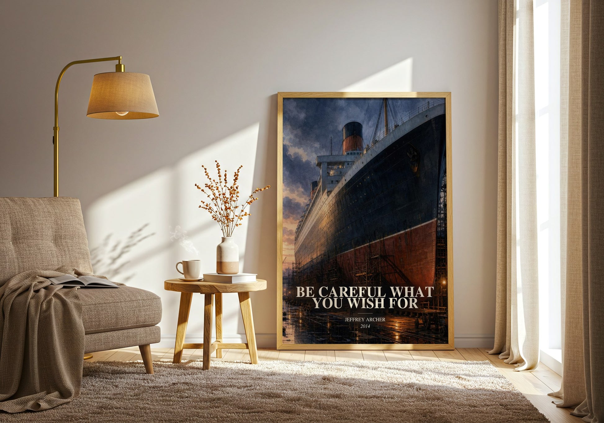 Be Careful What You Wish For watercolour print in frame leaning in hallway – historical fiction wall art