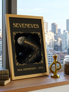 Seveneves Classic Book Art Print by Neal Stephenson – framed print on a city-view windowsill