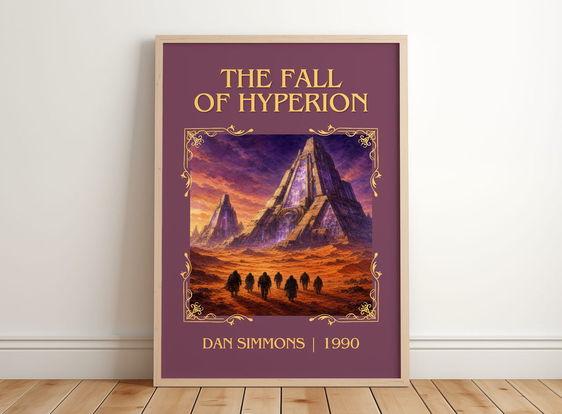 The Fall of Hyperion Classic Book Art Print by Dan Simmons – framed print leaning on a wooden floor