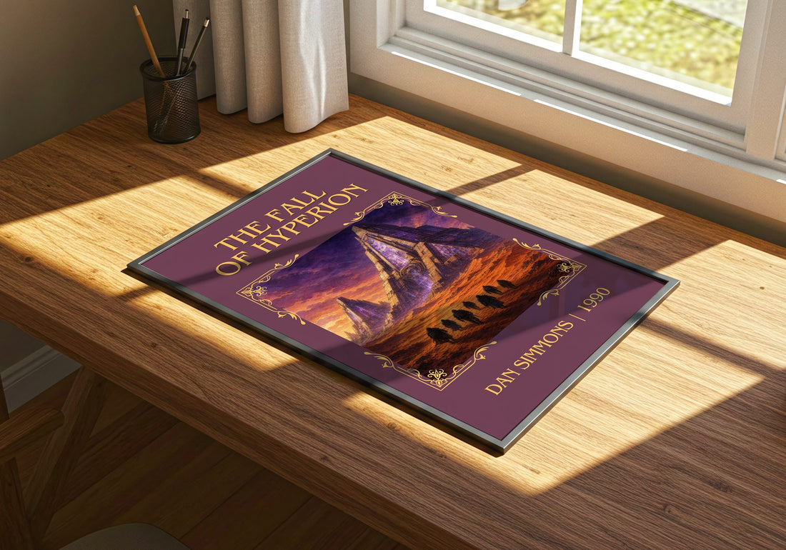 The Fall of Hyperion Classic Book Art Print by Dan Simmons – print on a sunlit desk