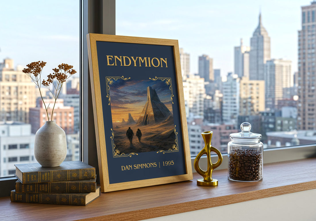 Endymion Classic Book Art Print by Dan Simmons – framed print on a city-view windowsill