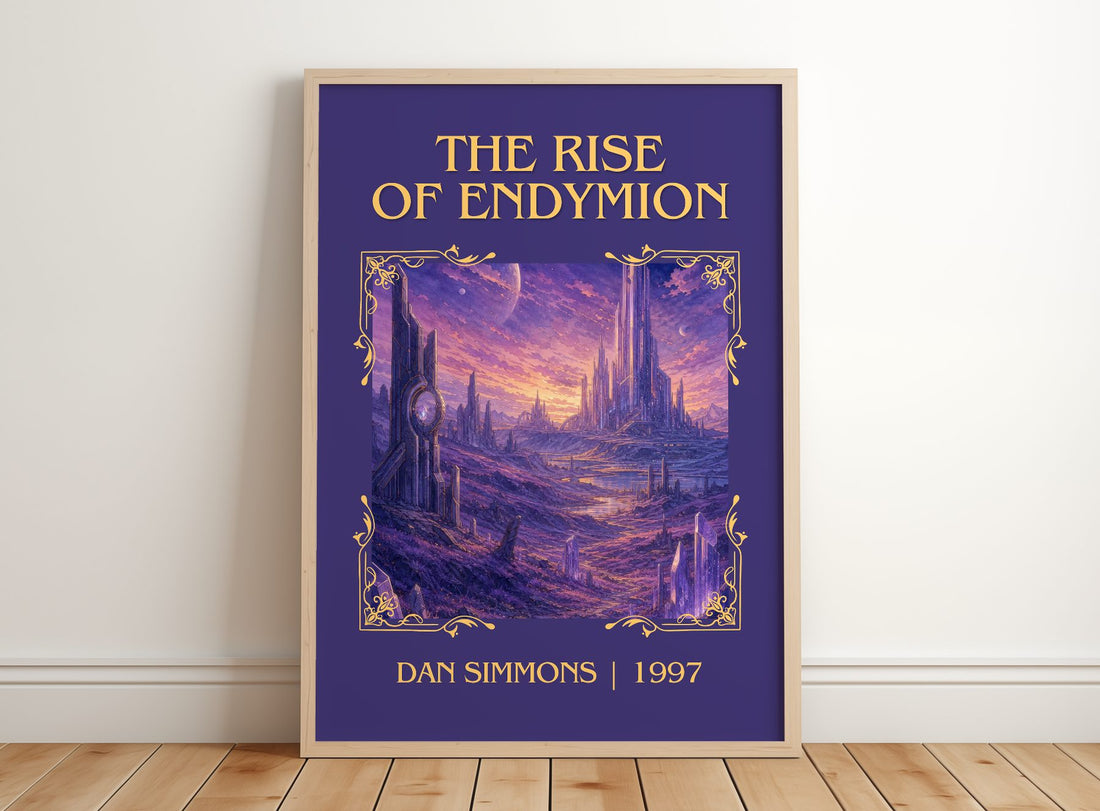 The Rise of Endymion Classic Book Art Print by Dan Simmons – framed print leaning on a wooden floor