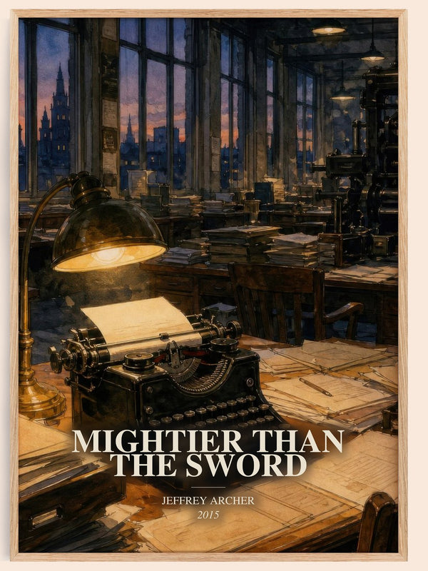 Mightier Than The Sword watercolour book poster by Jeffrey Archer – framed literary art print