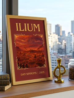 Ilium Classic Book Art Print by Dan Simmons – framed print on a city-view windowsill