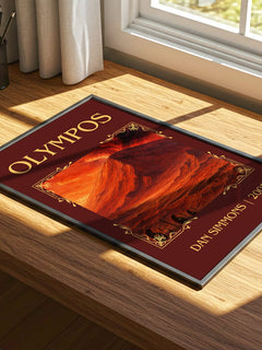 Olympos Classic Book Art Print by Dan Simmons – print on a sunlit desk