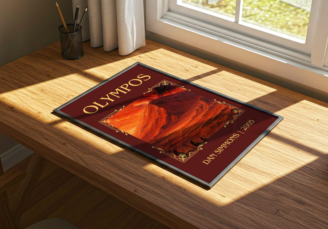 Olympos Classic Book Art Print by Dan Simmons – print on a sunlit desk