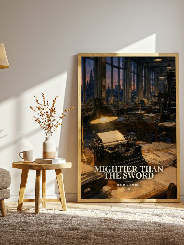 Mightier Than The Sword watercolour print in frame leaning in hallway – historical fiction wall art