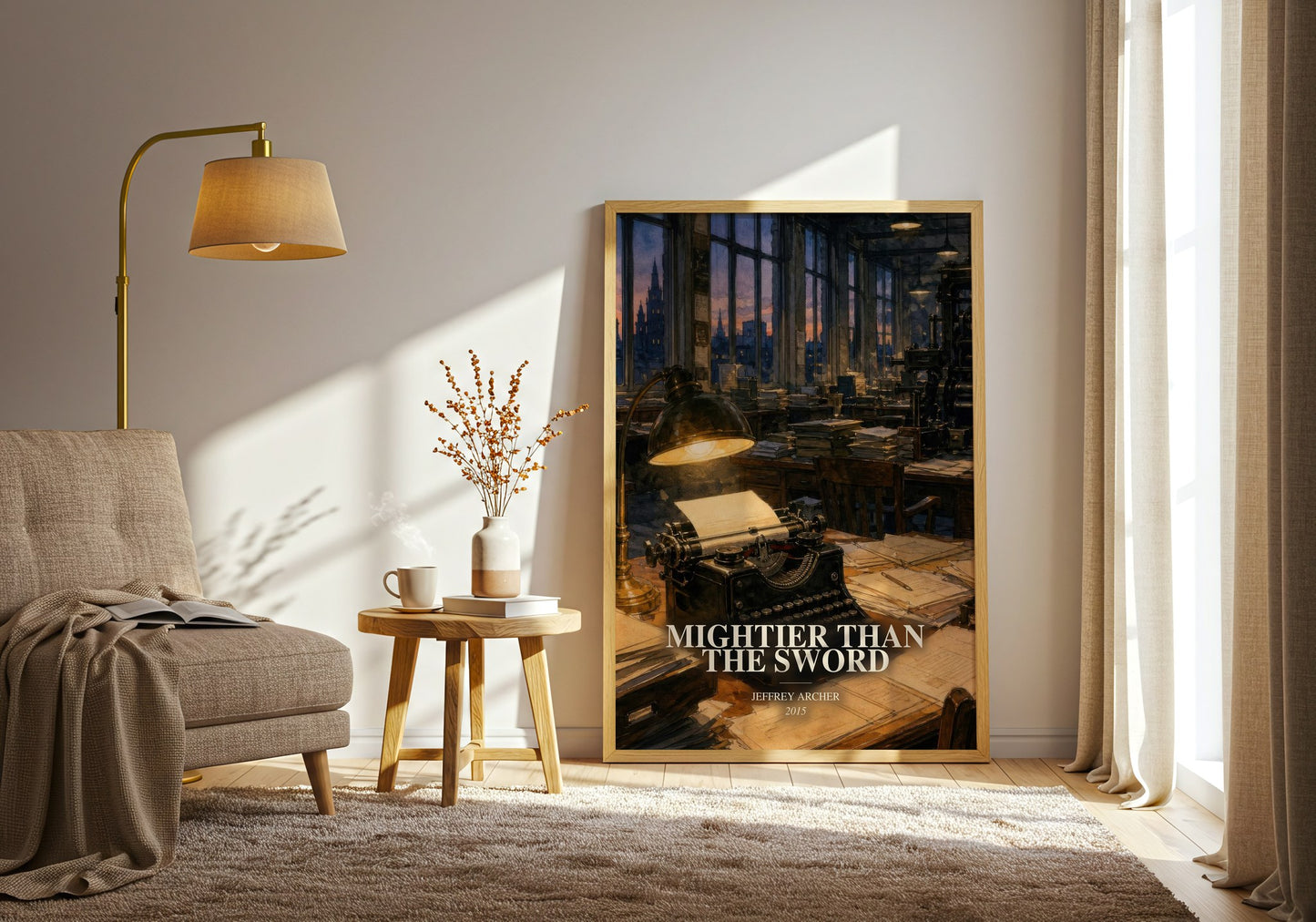 Mightier Than The Sword watercolour print in frame leaning in hallway – historical fiction wall art