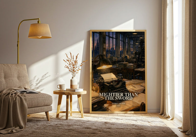 Mightier Than The Sword watercolour print in frame leaning in hallway – historical fiction wall art