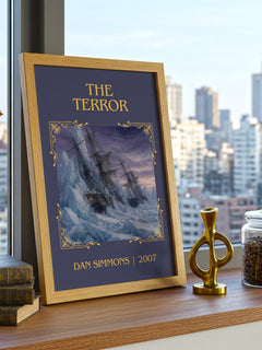 The Terror Classic Book Art Print by Dan Simmons – framed print on a city-view windowsill