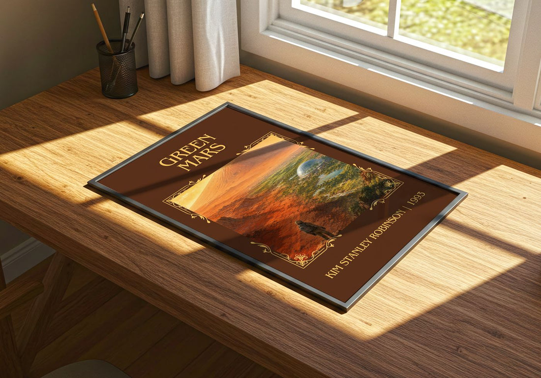 Green Mars Classic Book Art Print by Kim Stanley Robinson – print on a sunlit desk