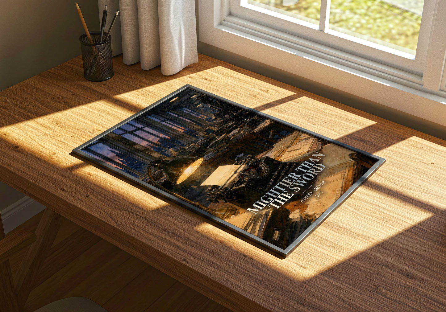 Mightier Than The Sword watercolour book poster framed on wall – historical fiction wall art