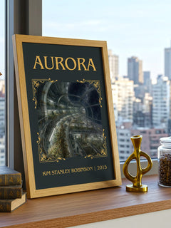 Aurora Classic Book Art Print by Kim Stanley Robinson – framed print on a city-view windowsill