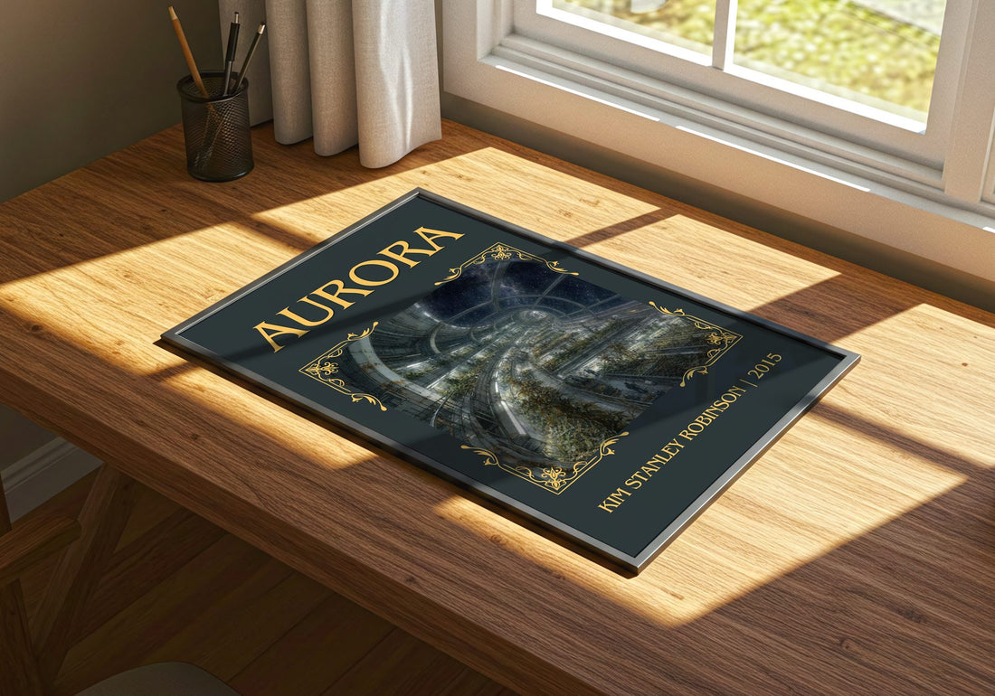 Aurora Classic Book Art Print by Kim Stanley Robinson – print on a sunlit desk