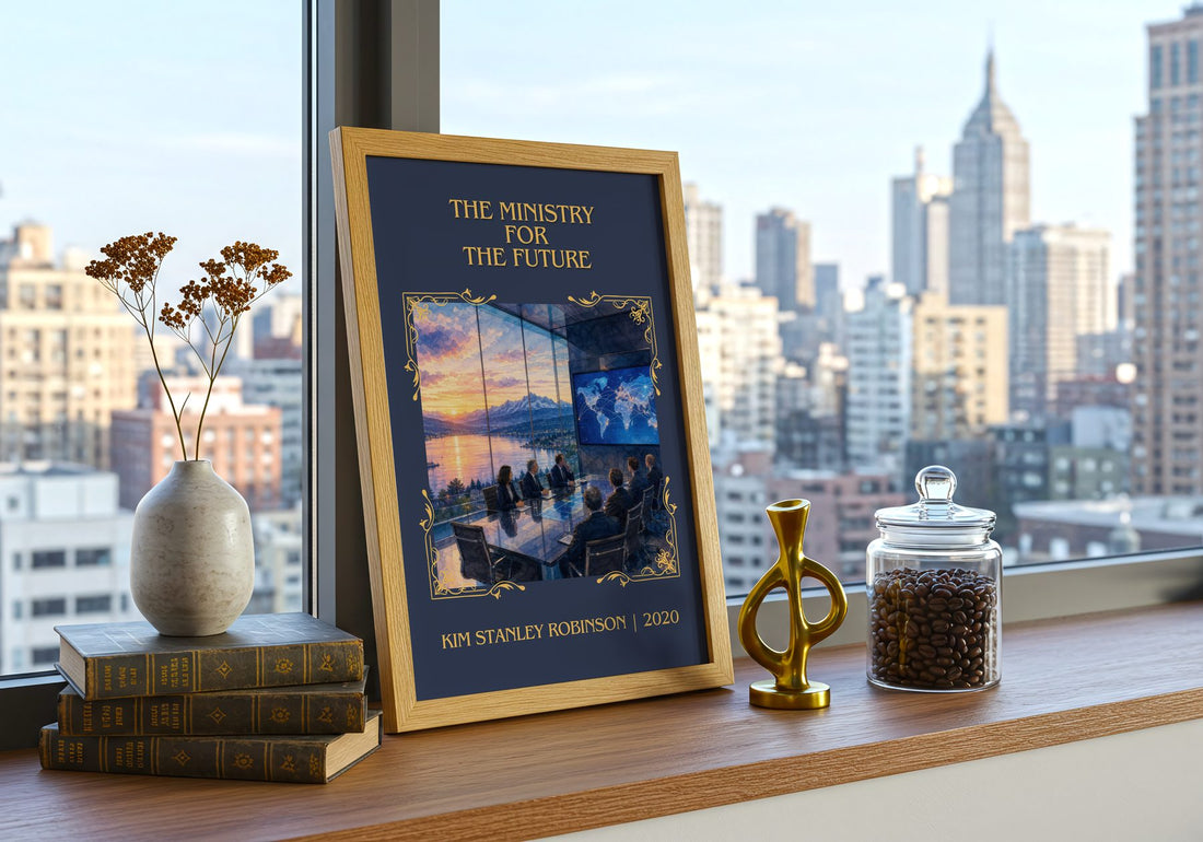 Ministry for the Future Classic Book Art Print by Kim Stanley Robinson – framed print on a city-view windowsill