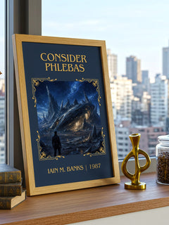 Consider Phlebas Classic Book Art Print by Iain M. Banks – framed print on a city-view windowsill