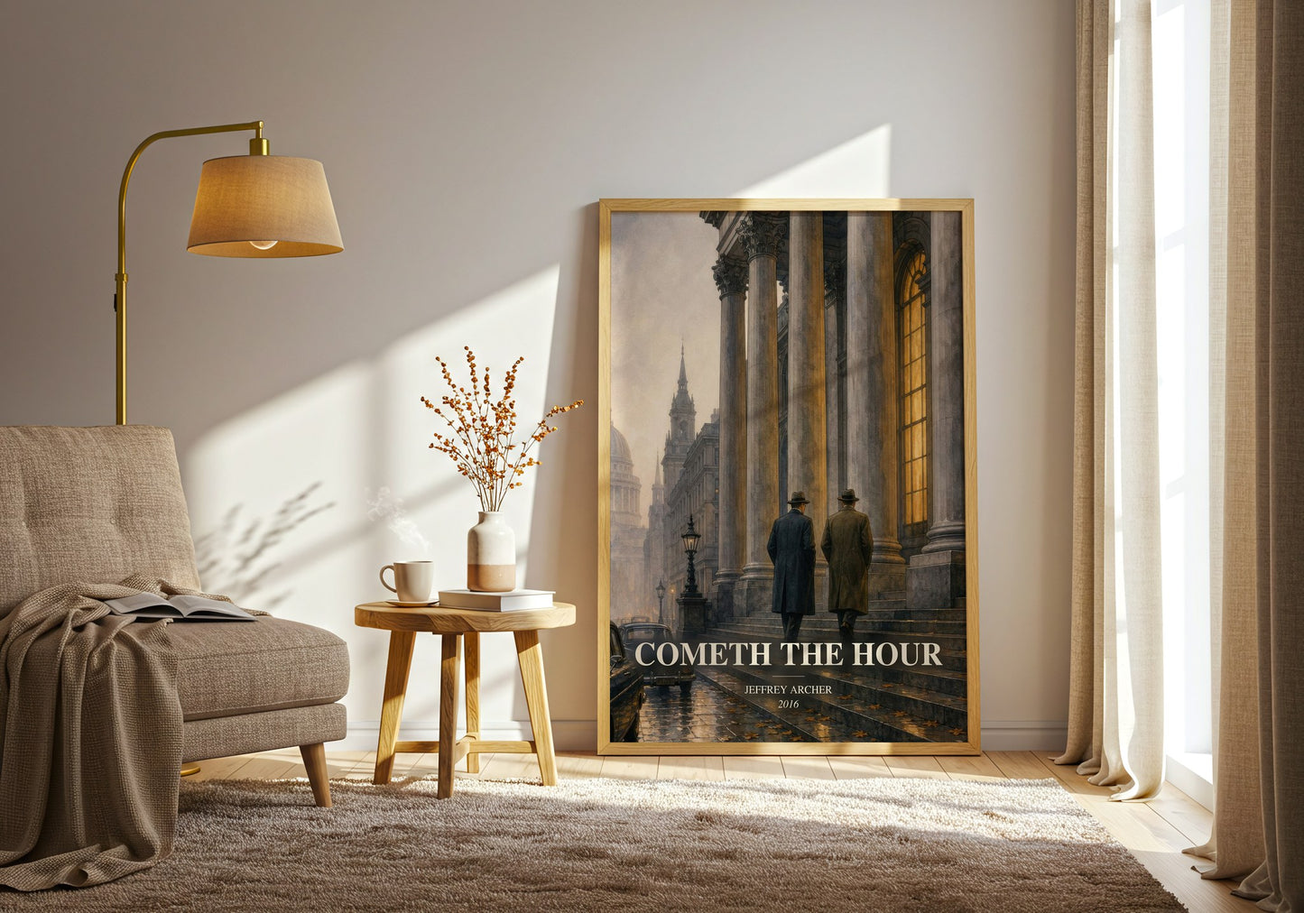 Cometh The Hour watercolour print in frame leaning in hallway – historical fiction wall art