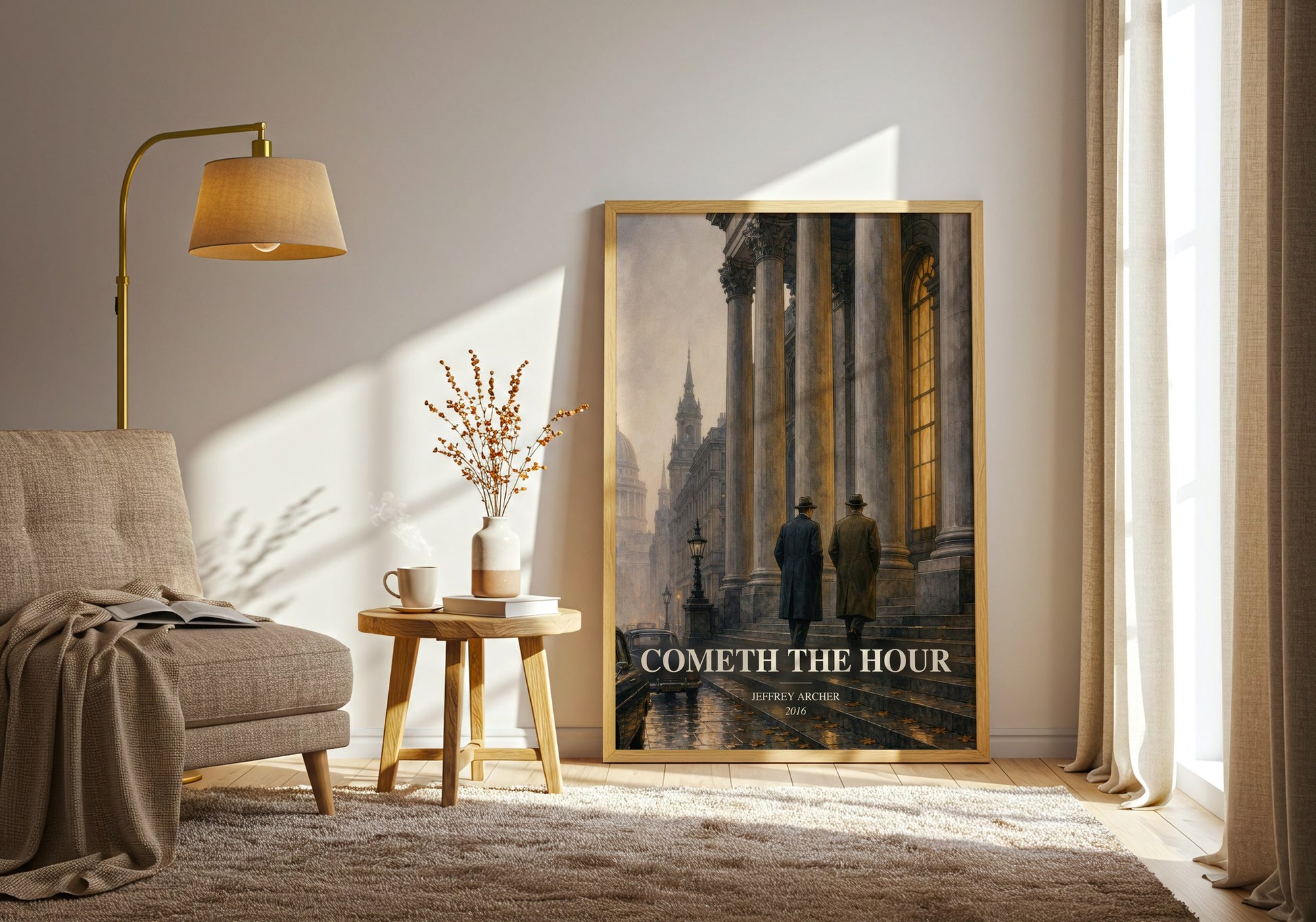 Cometh The Hour watercolour print in frame leaning in hallway – historical fiction wall art