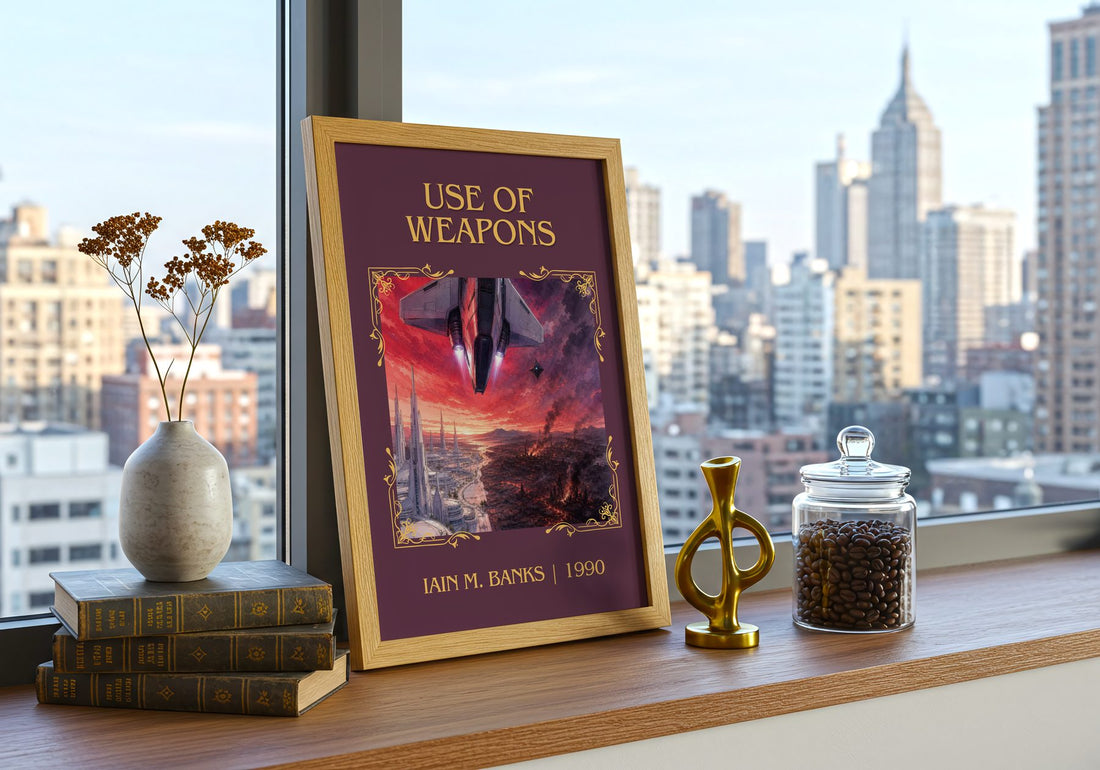 Use of Weapons Classic Book Art Print by Iain M. Banks – framed print on a city-view windowsill