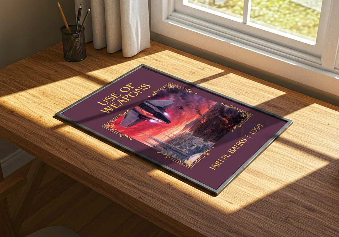 Use of Weapons Classic Book Art Print by Iain M. Banks – print on a sunlit desk