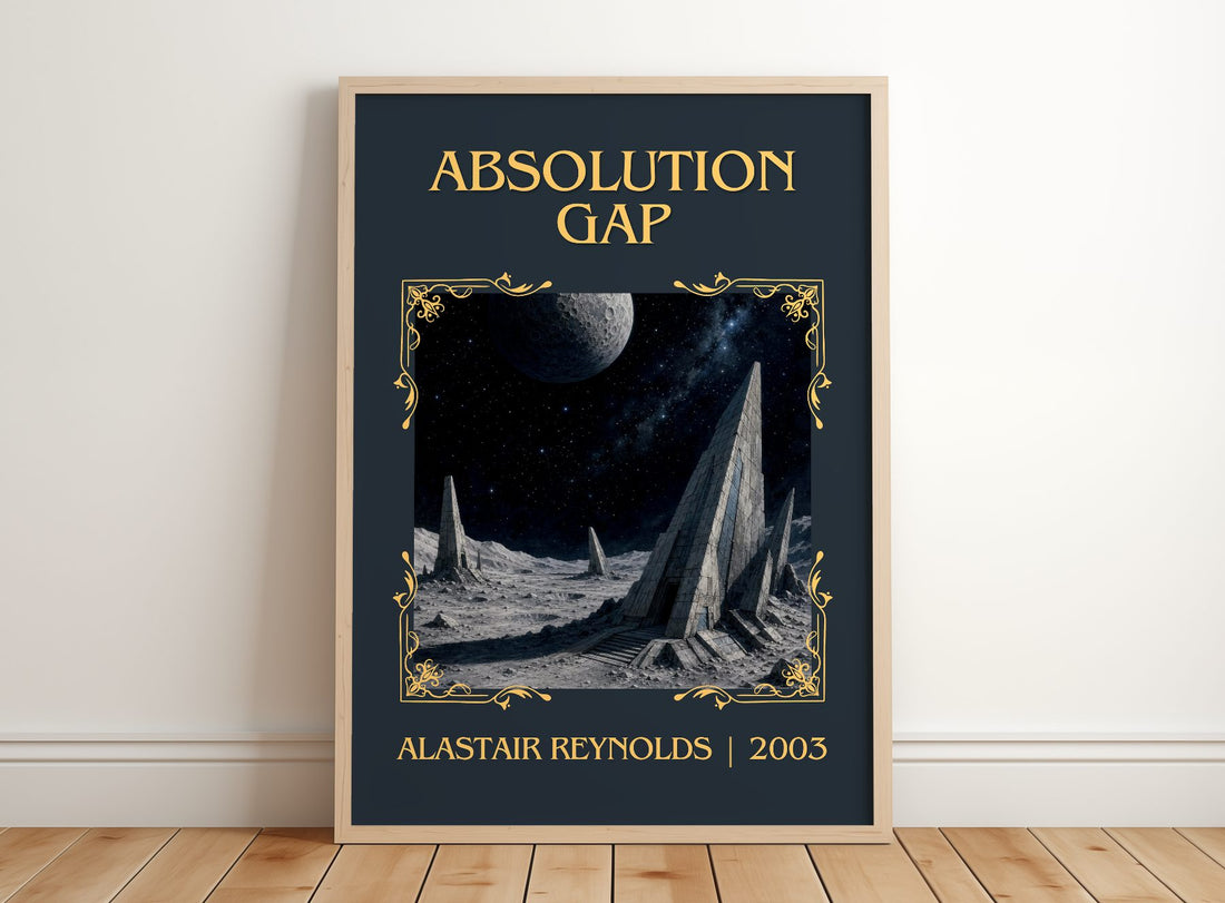 Absolution Gap Classic Book Art Print by Alastair Reynolds – framed print leaning on a wooden floor