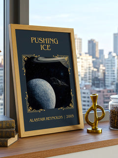Pushing Ice Classic Book Art Print by Alastair Reynolds – framed print on a city-view windowsill