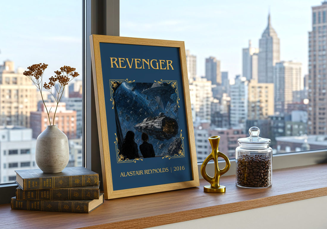 Revenger Classic Book Art Print by Alastair Reynolds – framed print on a city-view windowsill