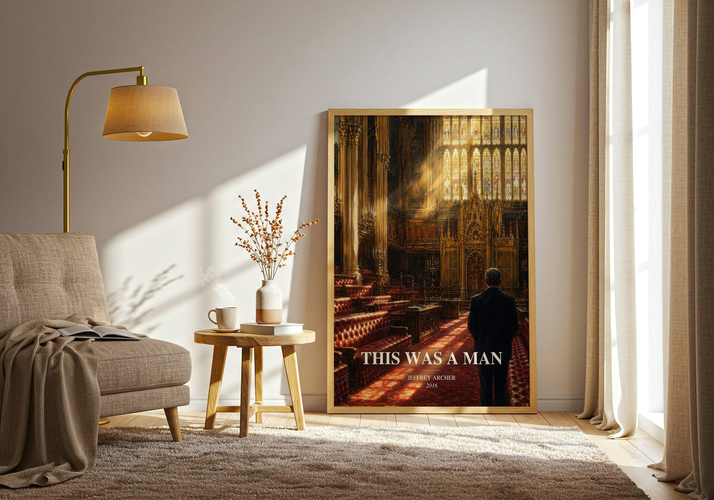 This Was A Man watercolour print in frame leaning in hallway – historical fiction wall art