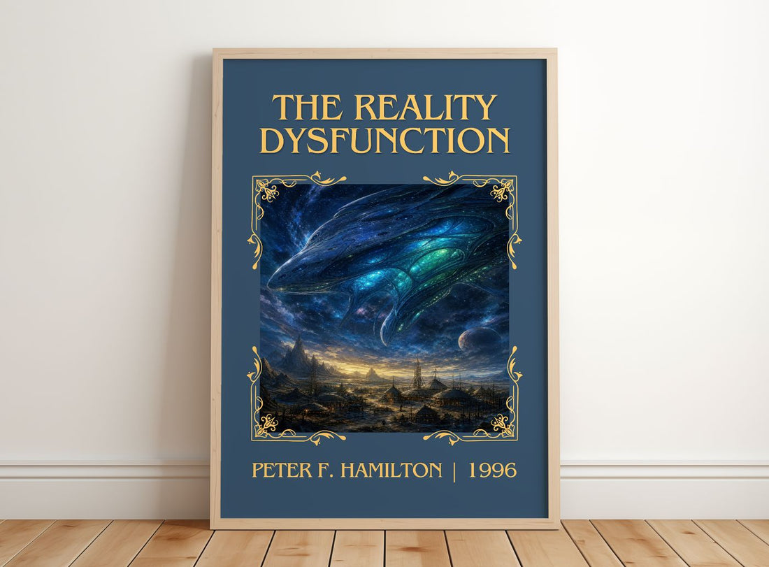 The Reality Dysfunction Classic Book Art Print by Peter F. Hamilton – framed print leaning on a wooden floor