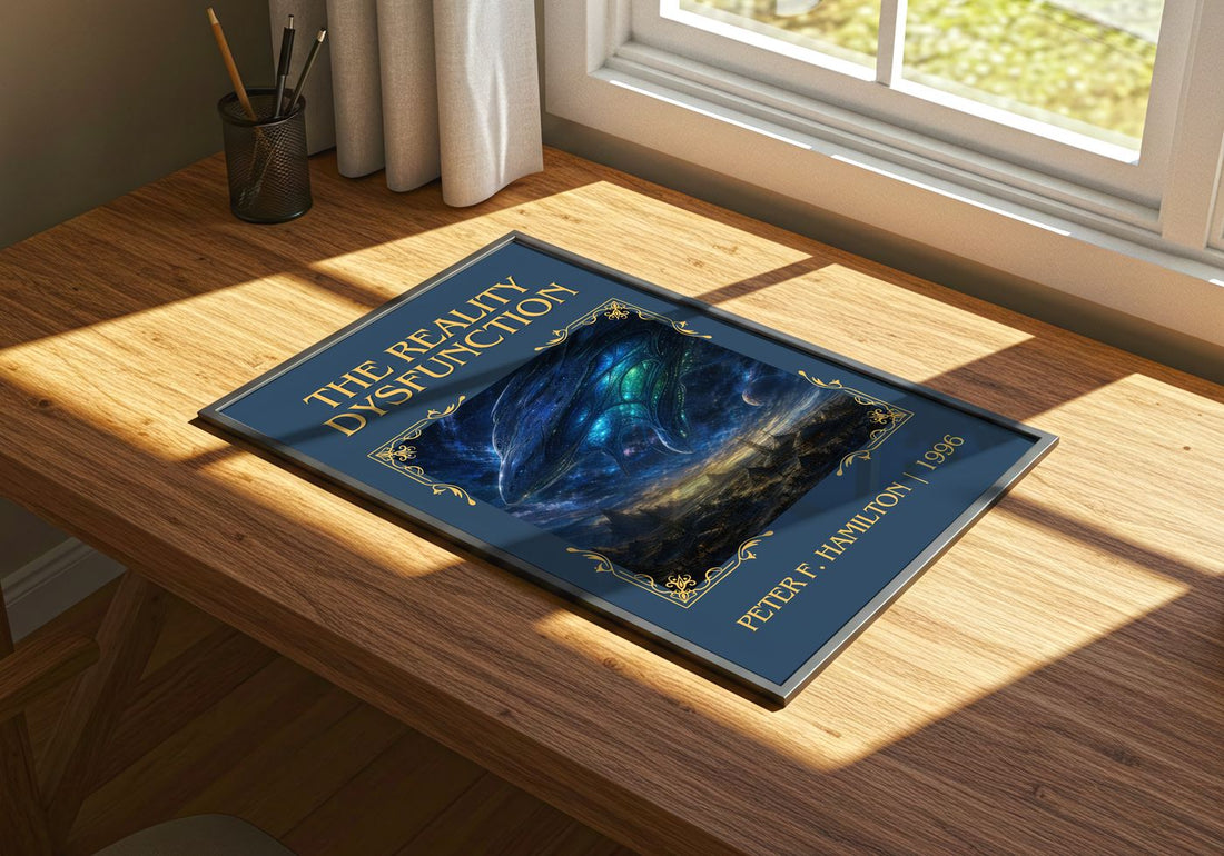 The Reality Dysfunction Classic Book Art Print by Peter F. Hamilton – print on a sunlit desk