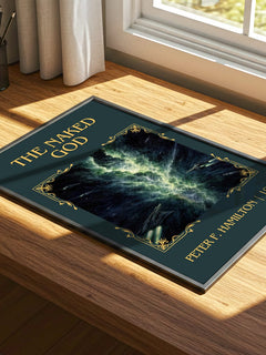 The Naked God Classic Book Art Print by Peter F. Hamilton – print on a sunlit desk
