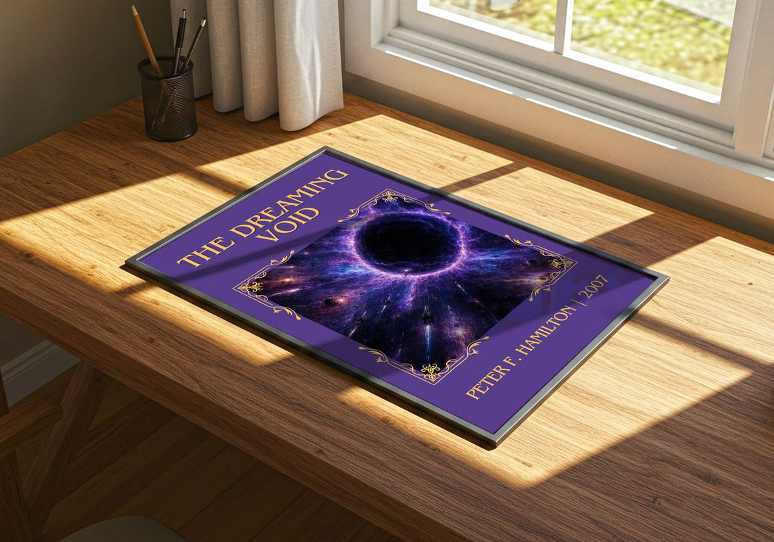 The Dreaming Void Classic Book Art Print by Peter F. Hamilton – print on a sunlit desk