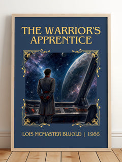 Warrior's Apprentice Classic Book Art Print by Lois McMaster Bujold – framed print leaning on a wooden floor