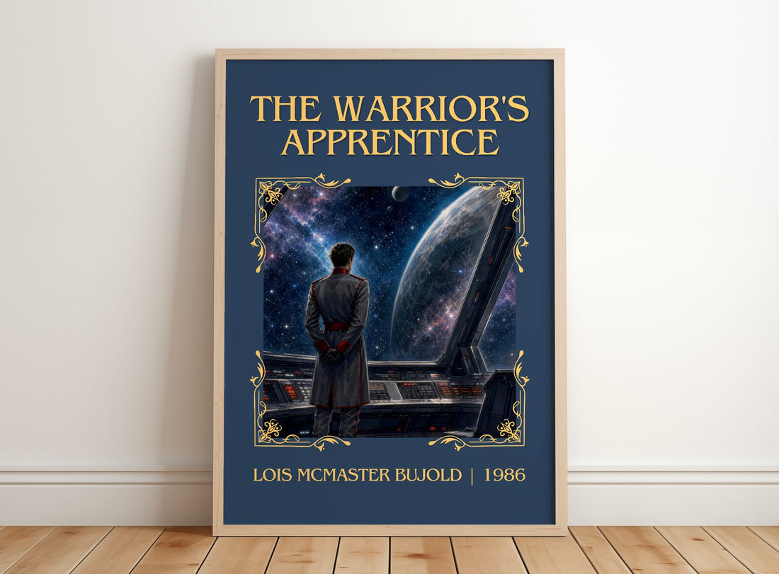 Warrior's Apprentice Classic Book Art Print by Lois McMaster Bujold – framed print leaning on a wooden floor