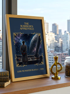 Warrior's Apprentice Classic Book Art Print by Lois McMaster Bujold – framed print on a city-view windowsill