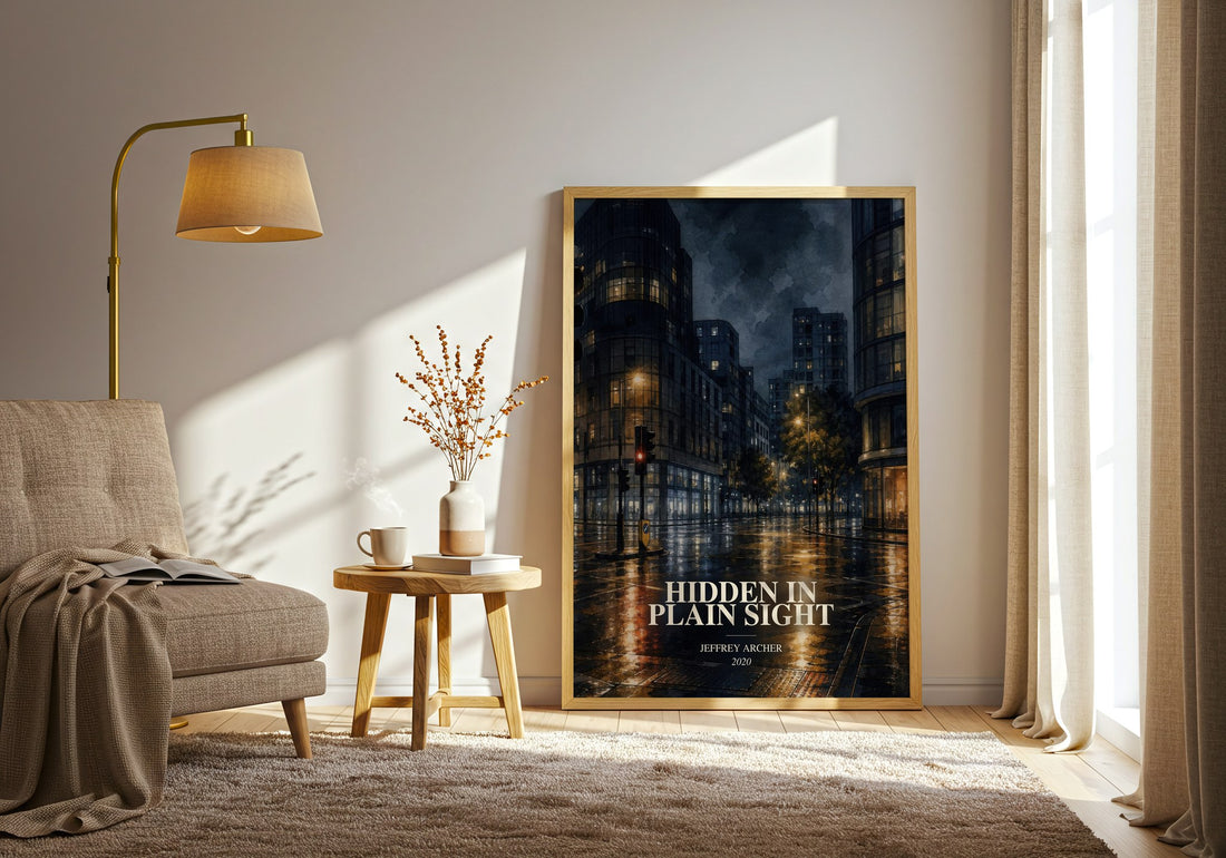 Hidden In Plain Sight watercolour print in frame leaning in hallway – mystery wall art (mockup)