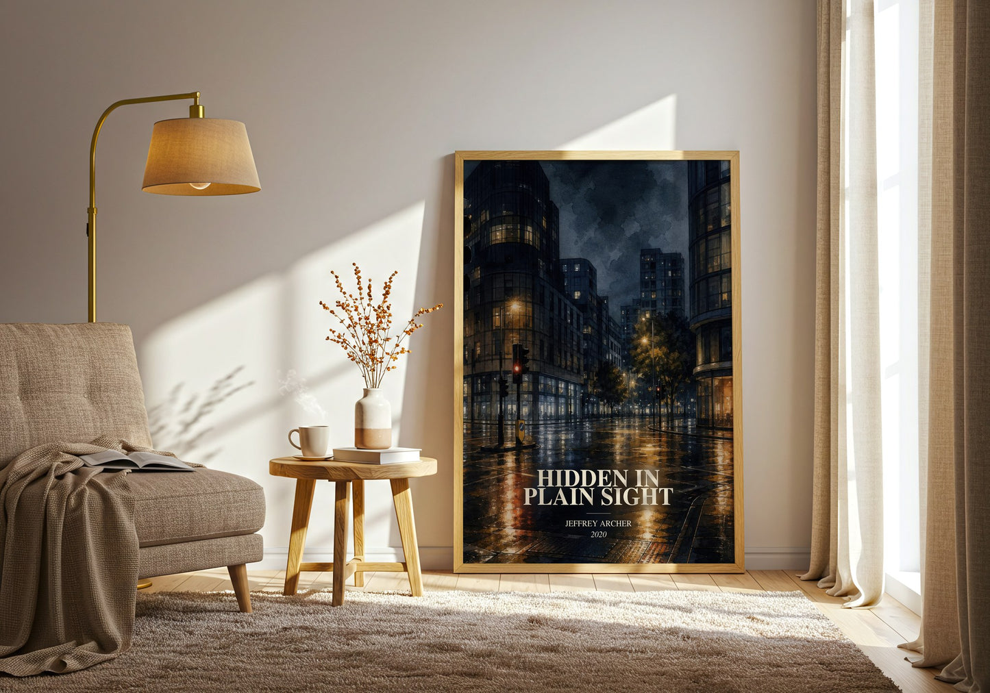 Hidden In Plain Sight watercolour print in frame leaning in hallway – mystery wall art
