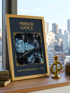Mirror Dance Classic Book Art Print by Lois McMaster Bujold – framed print on a city-view windowsill