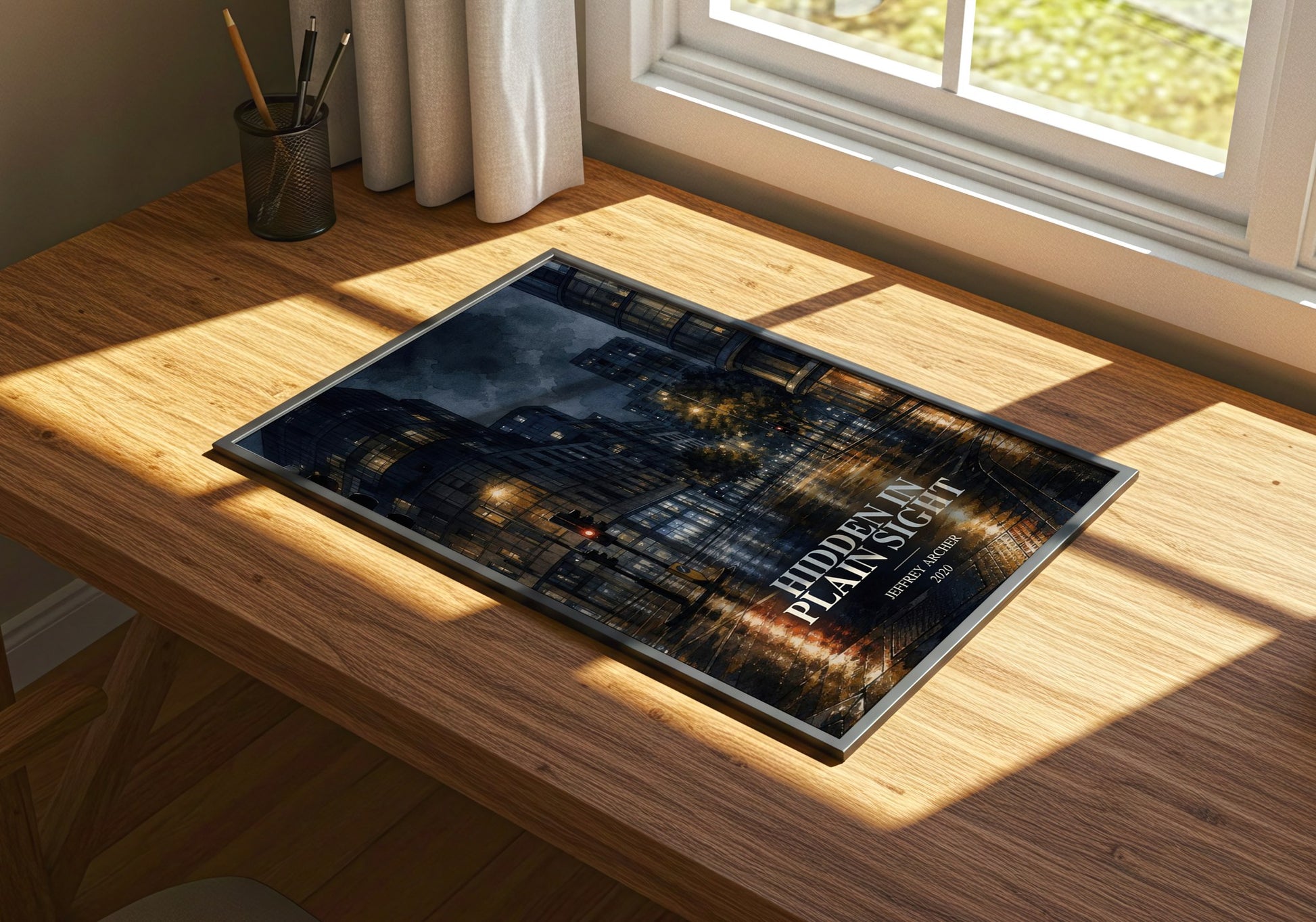 Hidden In Plain Sight watercolour book poster framed on wall – mystery wall art