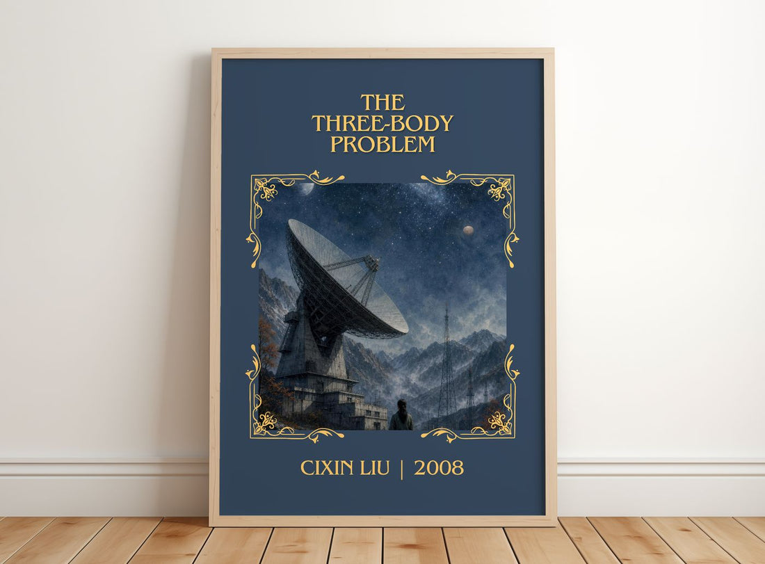 The Three-Body Problem Classic Book Art Print by Cixin Liu – framed print leaning on a wooden floor