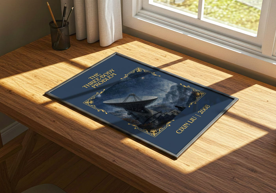 The Three-Body Problem Classic Book Art Print by Cixin Liu – print on a sunlit desk